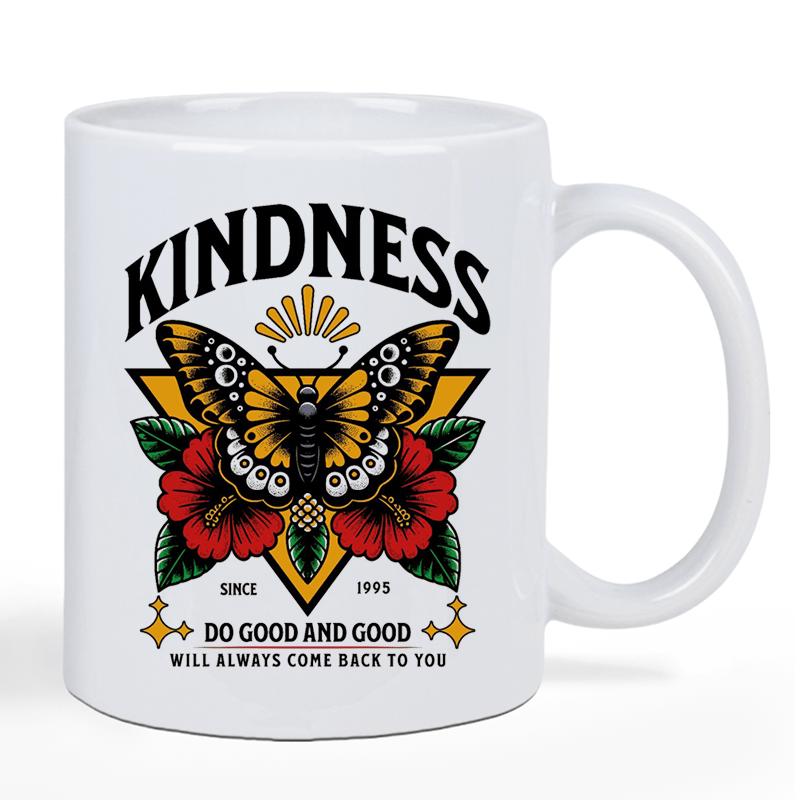 Tailorly White Ceramic 11 oz Mug - Kindness Do Good And Good Will Always Come Back To You Vintage Tattoo Style Symmetrical Wings Among Red Blossoms And Golden