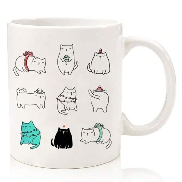 Tailorly White Ceramic 11 oz Mug - Adorable Minimalist Doodle Style Kittens With Small Festive Christmas Elements Cats
