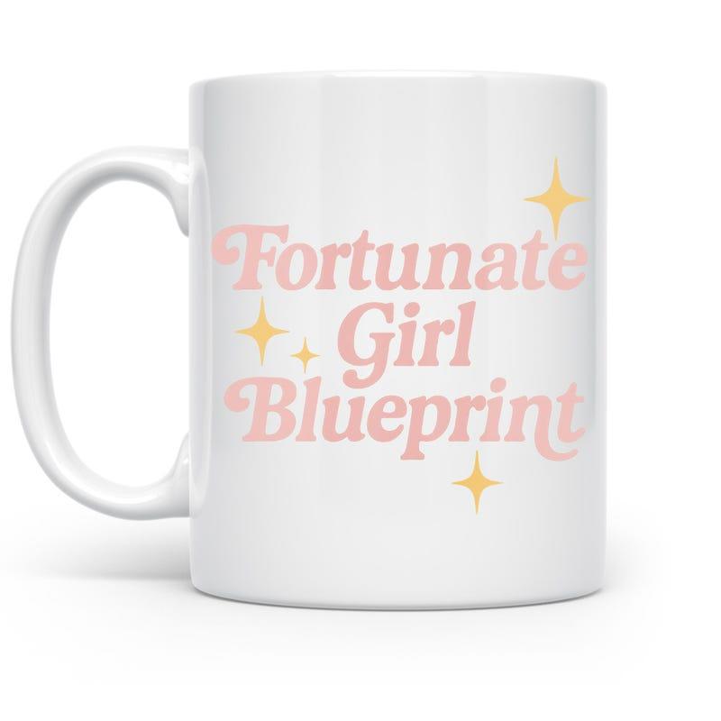 Tailorly White Ceramic 11 oz Mug - Fortunate Girl Blueprint Retro Pink Typography Surrounded By Yellow Twinkling Stars Mug
