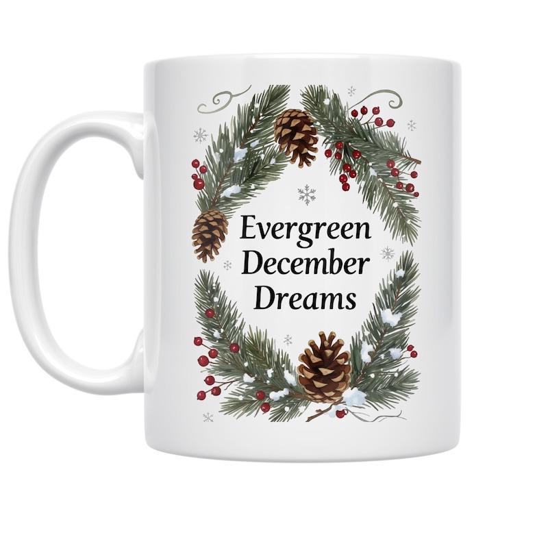 Tailorly White Ceramic 11 oz Mug - Evergreen December Dreams Evergreen Pine Branches With Brown Cones And Small Red Berries Snowy Winter Wreath