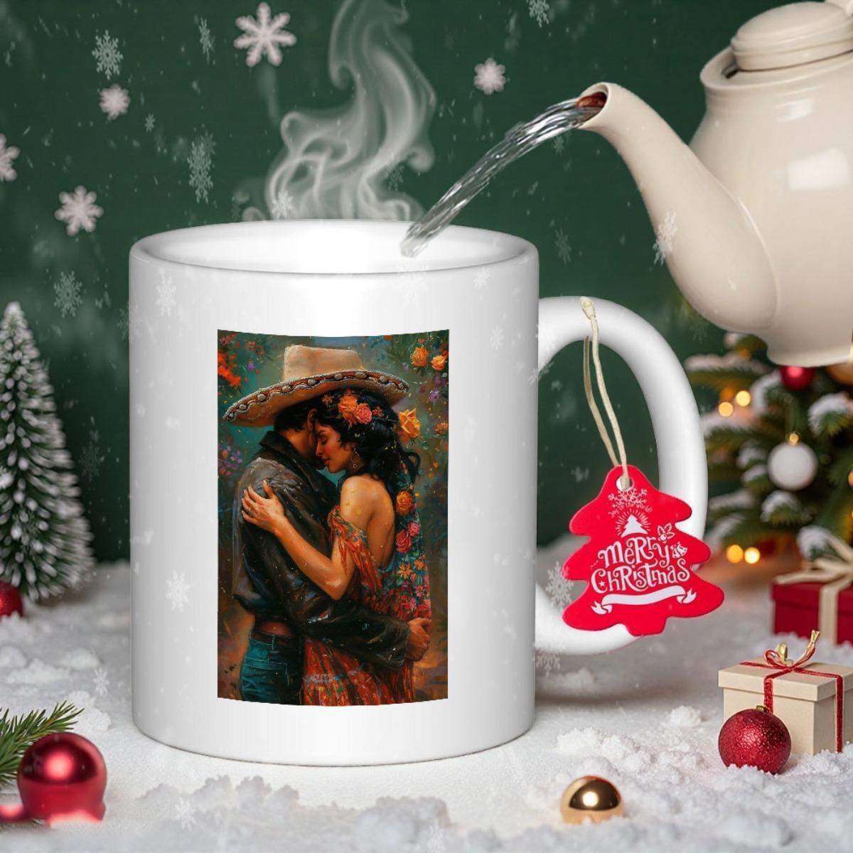 Tailorly White Ceramic 11 oz Mug - Merry Christmas Romantic Western Pair Embracing Tenderly Under Festive Holiday Lights Couple