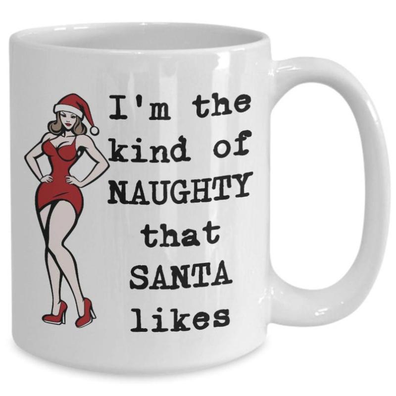 Tailorly White Ceramic 11 oz Mug - I'm The Kind Of Naughty That Santa Likes Attractive Pin Up Character Wearing Festive Red Dress And Santa Hat Woman