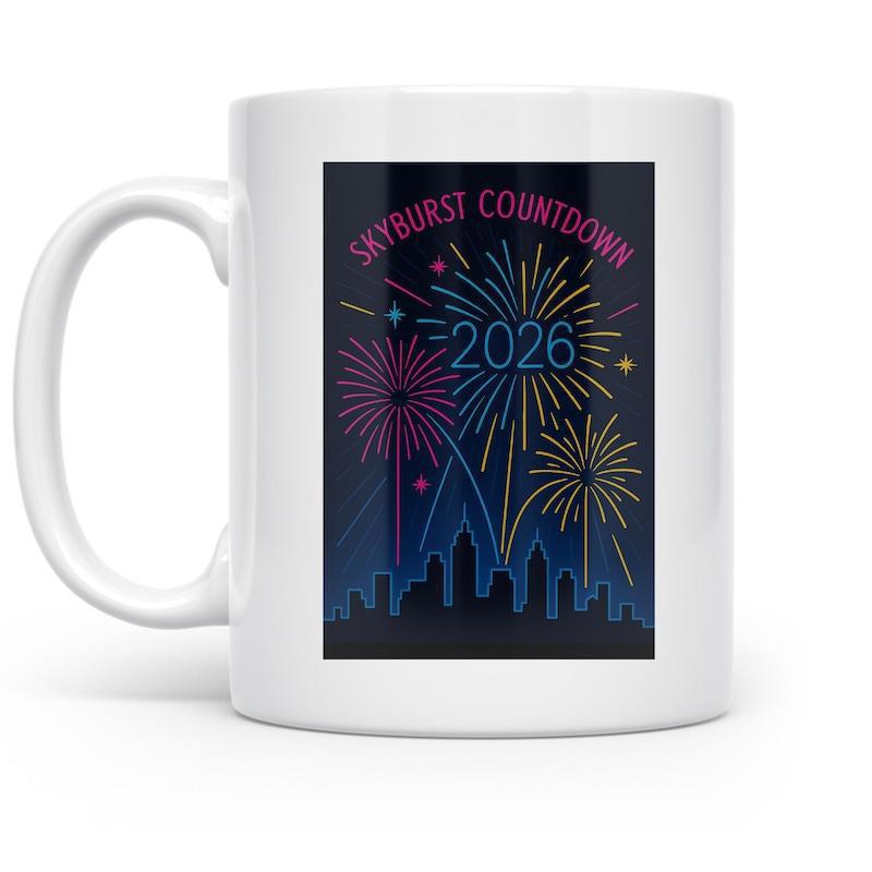 Tailorly White Ceramic 11 oz Mug - Skyburst Countdown 2026 Vibrant Multi Colored Bursts Illuminating A Dark City Skyline Silhouette Under Stars Fireworks