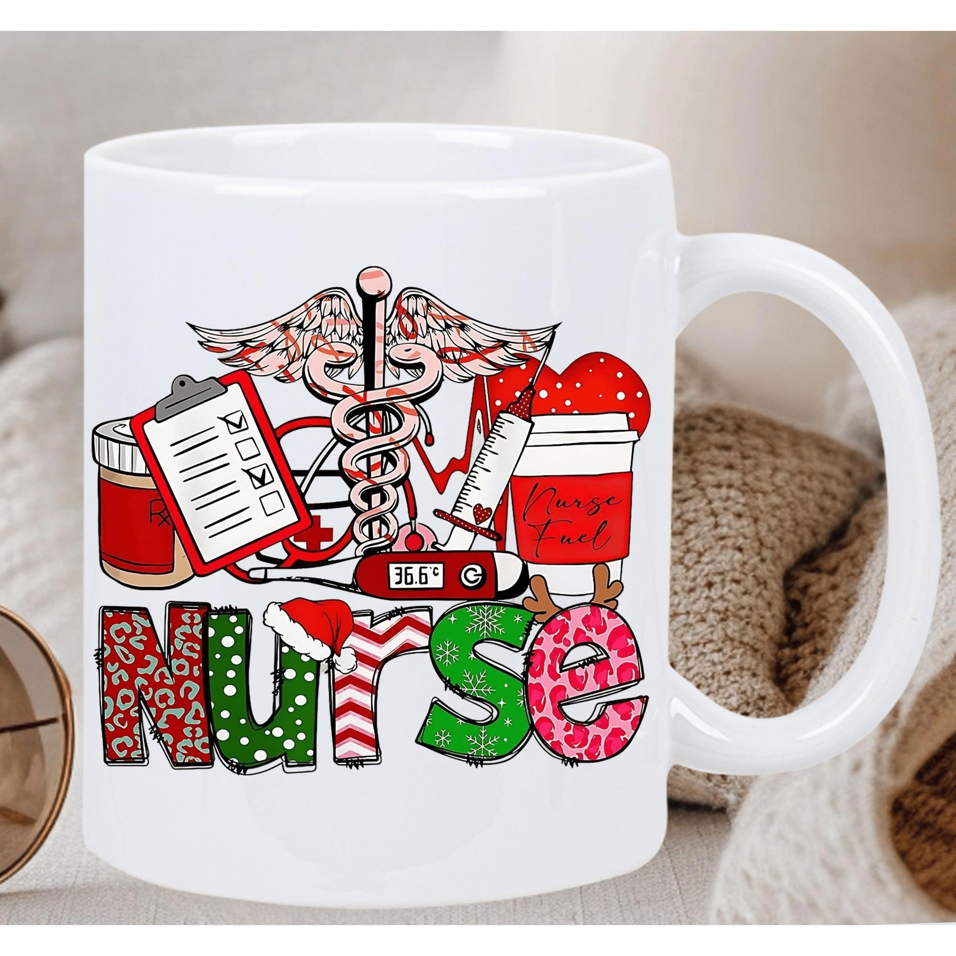Tailorly White Ceramic 11 oz Mug - Nurse Medical Symbols Including Caduceus And Clipboard With Festive Holiday Patterns Arranged On Mug