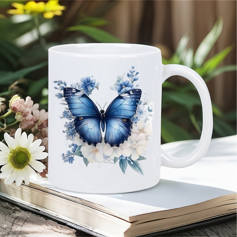Tailorly White Ceramic 11 oz Mug - Vibrant Blue Winged Insect Amidst Delicate Blooming Spring Floral Petals Garden Butterfly
