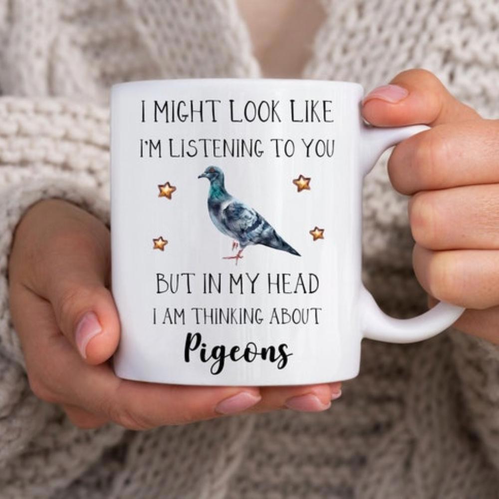 Tailorly White Ceramic 11 oz Mug - I Might Look Like Im Listening To You But In My Head I Am Thinking About Pigeons Realistic Gray Bird Surrounded By Tiny Stars