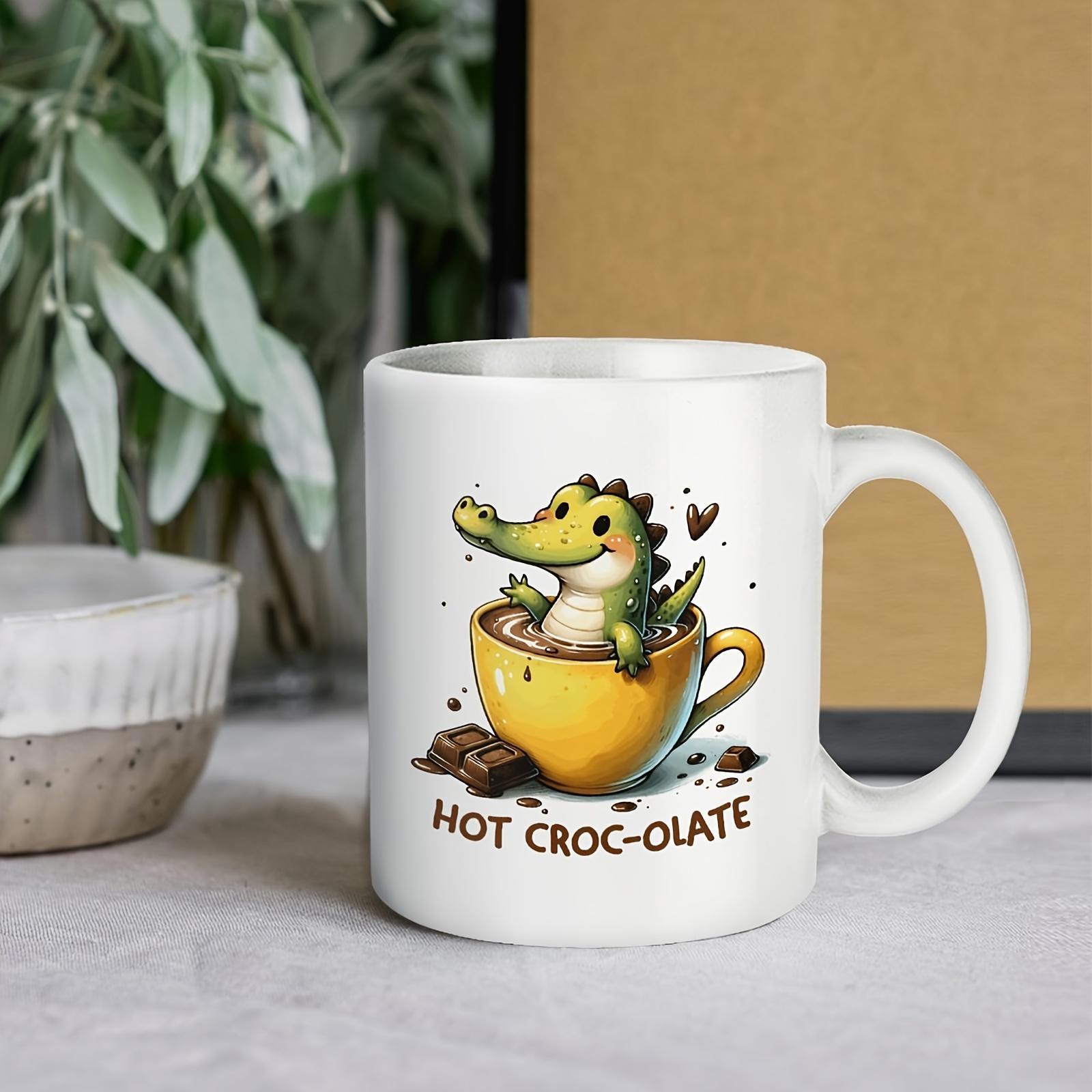 Tailorly White Ceramic 11 oz Mug - Hot Croc Olate Adorable Small Cartoon Reptile Relaxing Inside Warm Steaming Yellow Cup Crocodile