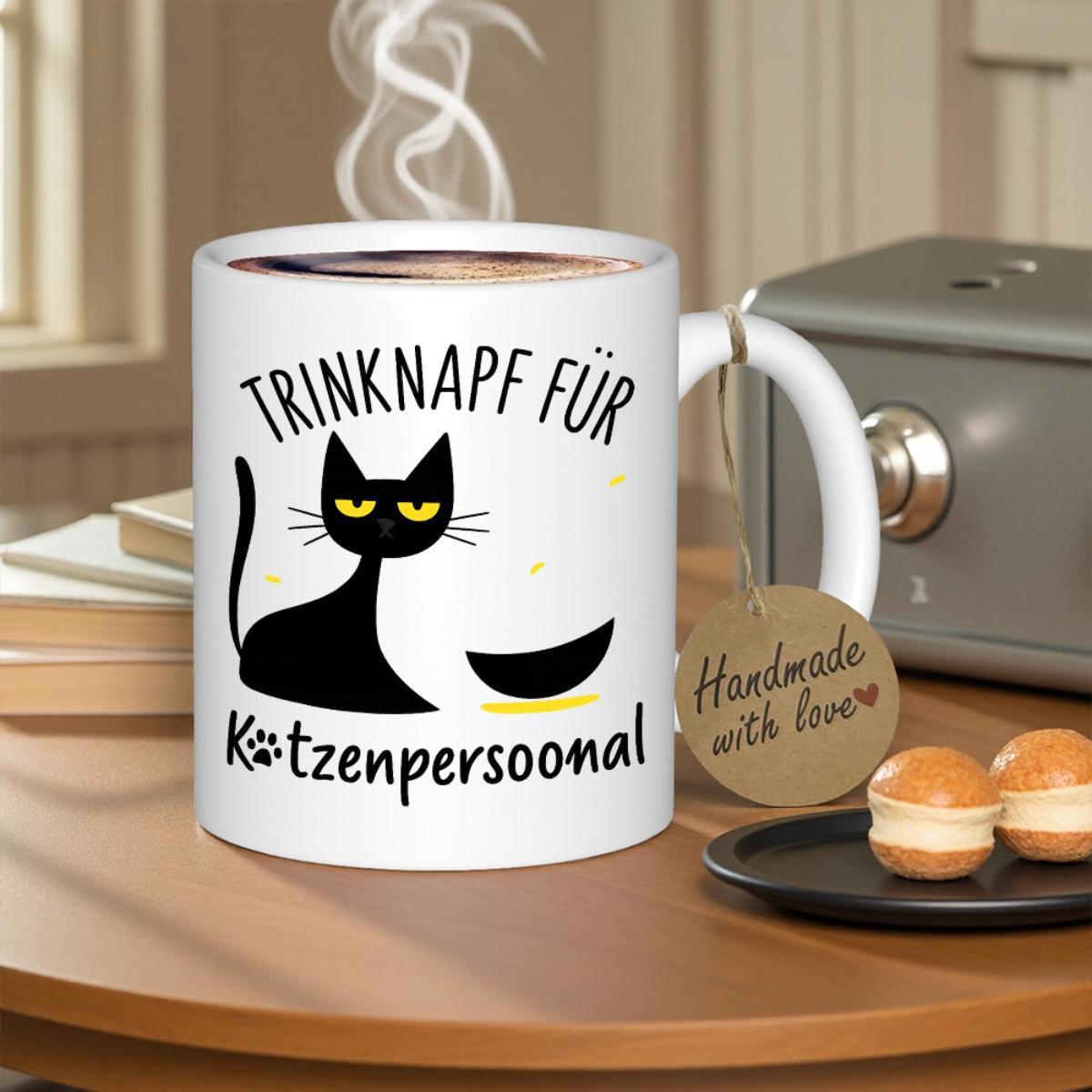 Tailorly White Ceramic 11 oz Mug - Minimalist Silhouette Of A Black Cat Sitting Beside An Empty Bowl Cat