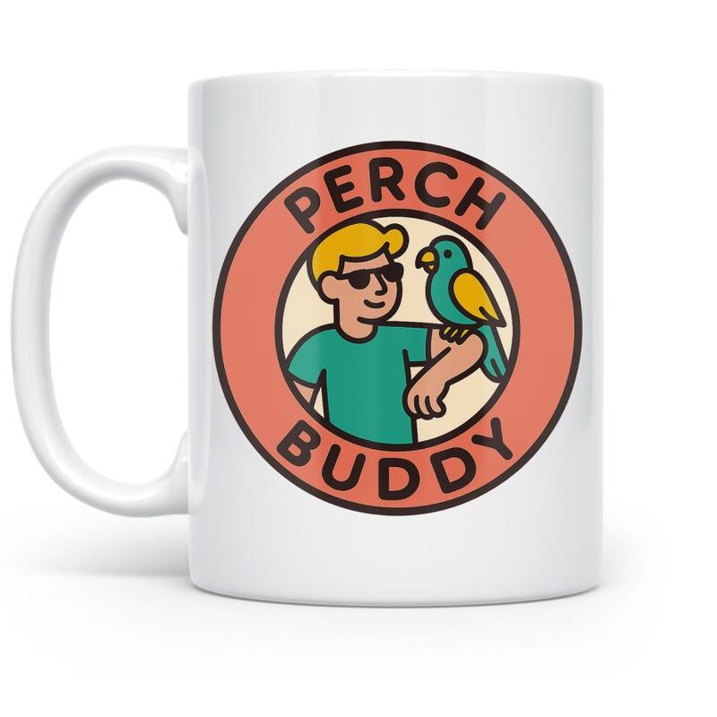 Tailorly White Ceramic 11 oz Mug - Perch Buddy Smiling Man Wearing Sunglasses With A Colorful Tropical Companion Parrot
