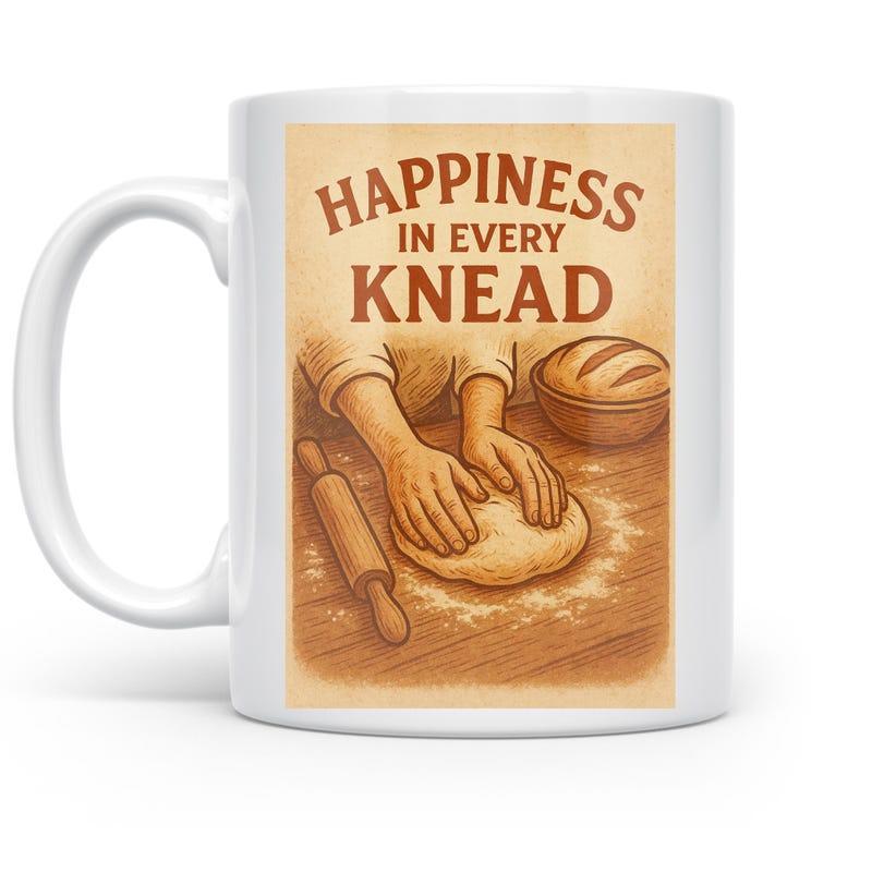 Tailorly White Ceramic 11 oz Mug - Happiness In Every Knead Vintage Illustration Of Skilled Hands Kneading Dough Near Rolling Pin Bread