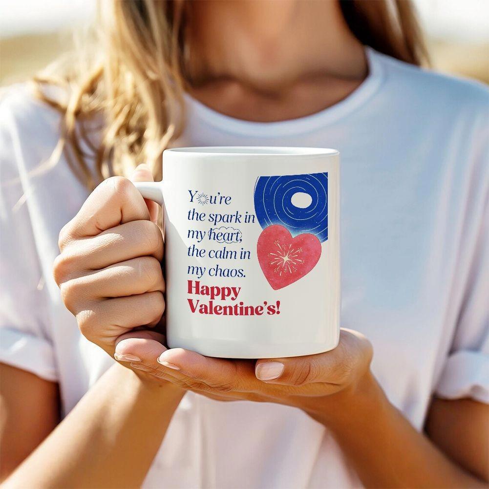 Tailorly White Ceramic 11 oz Mug - Youre The Spark In My Heart The Calm In My Chaos Happy Valentines Romantic Textured Pink Heart With Abstract Blue Swirls Heart
