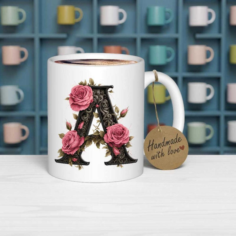 Tailorly White Ceramic 11 oz Mug - A Elegant Decorative Floral Initial Letter Surrounded By Blooming Pink Roses Alphabet Mug