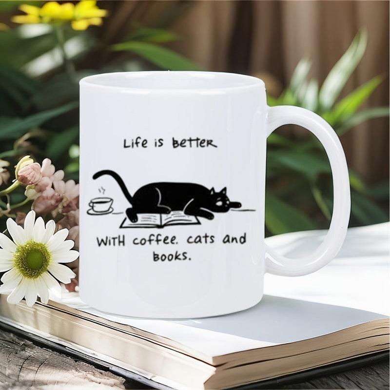 Tailorly White Ceramic 11 oz Mug - Life Is Better With Coffee Cats And Books Sleek Black Feline Resting On An Open Book Beside Coffee Cat