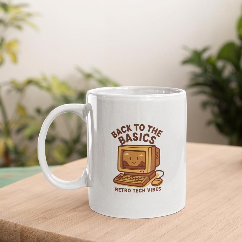 Tailorly White Ceramic 11 oz Mug - Back To The Basics Retro Tech Vibes Vintage Desktop Setup Featuring Smiling Monitor Face And Wired Keyboard Computer