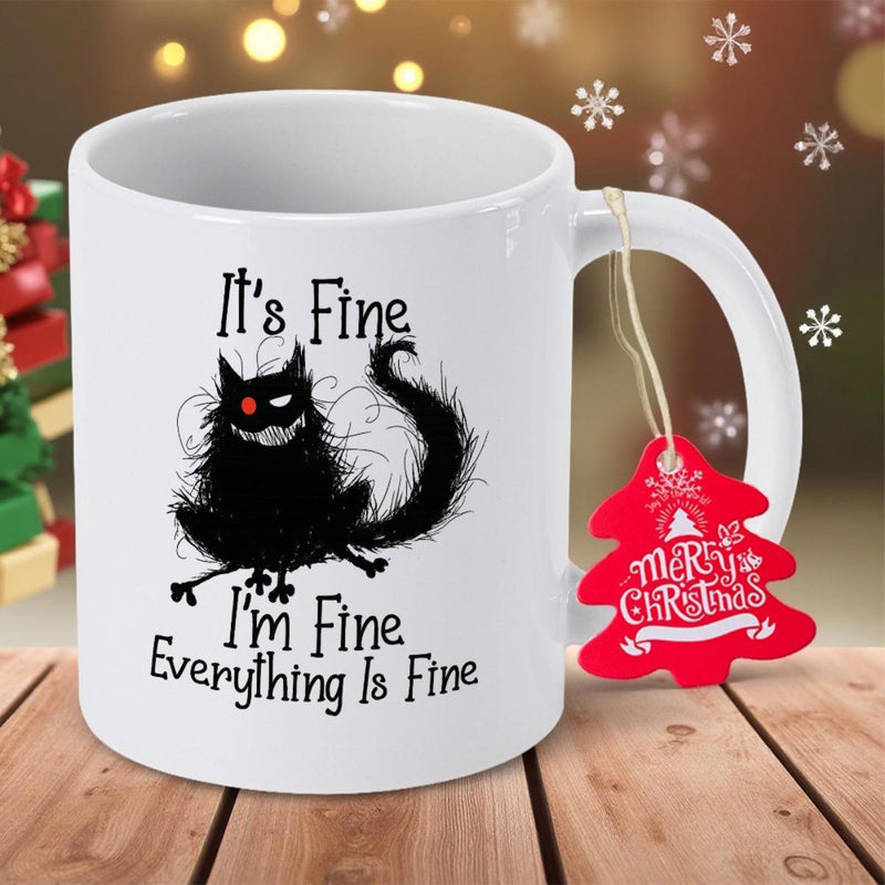 Tailorly White Ceramic 11 oz Mug - It Is Fine I Am Fine Everything Is Fine Messy Hand Drawn Scribble Style Featuring A Single Glowing Red Eye Cat