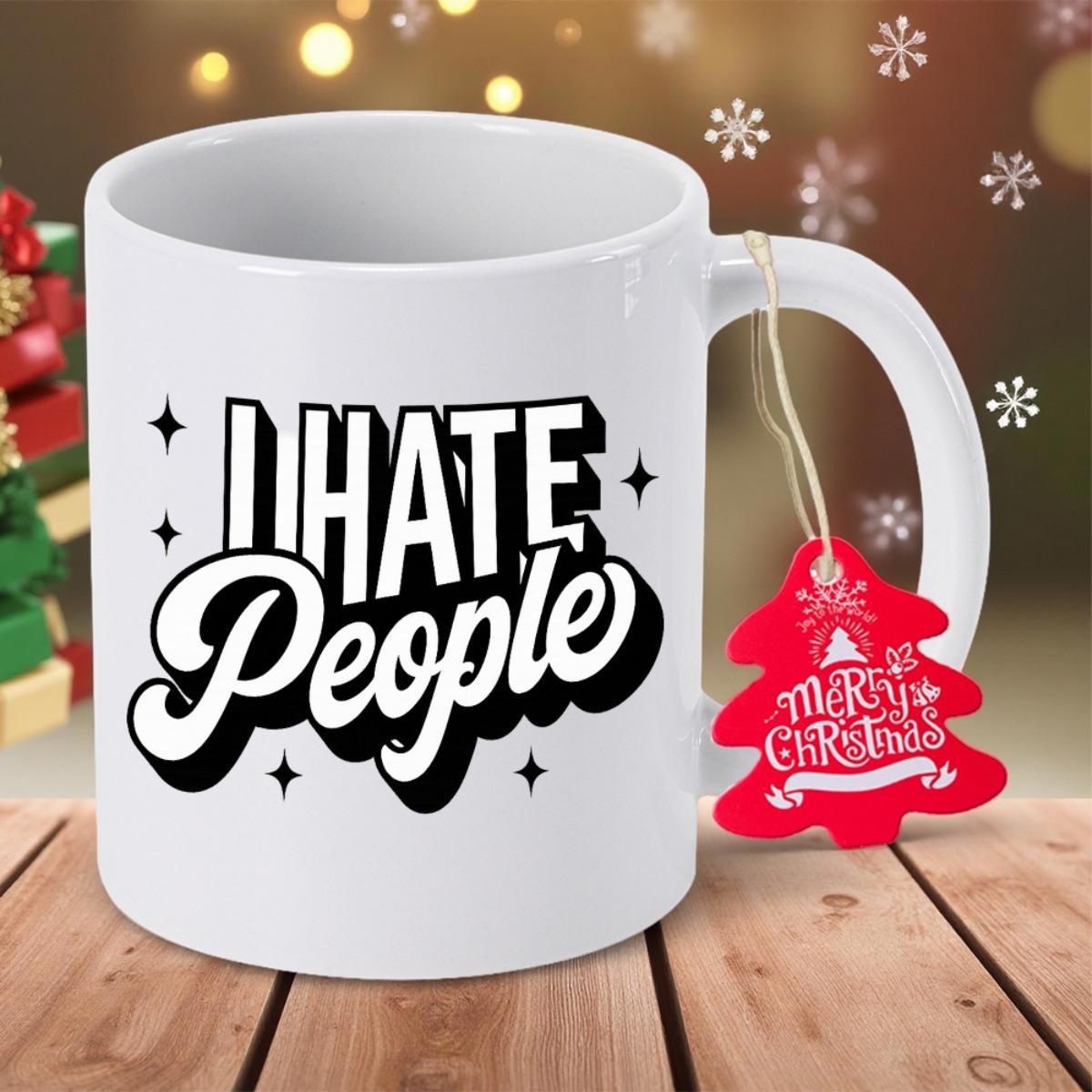 Tailorly White Ceramic 11 oz Mug - I Hate People With Bold Black Lettering And Small Twinkling Stars Mug