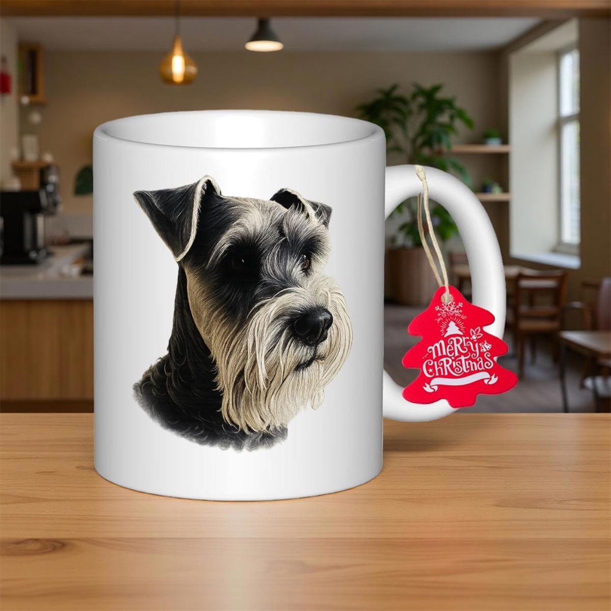 Tailorly White Ceramic 11 oz Mug - Merry Christmas Realistic Miniature Schnauzer Portrait With Expressive Eyes And Detailed Fur Texture Schnauzer