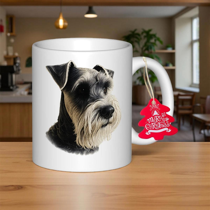 Tailorly White Ceramic 11 oz Mug - Merry Christmas Realistic Miniature Schnauzer Portrait With Expressive Eyes And Detailed Fur Texture Schnauzer