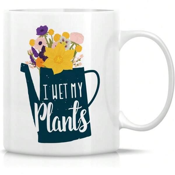 Tailorly White Ceramic 11 oz Mug - I Wet My Plants Colorful Spring Flowers Blooming Inside A Vintage Blue Metal Gardening Watering Can