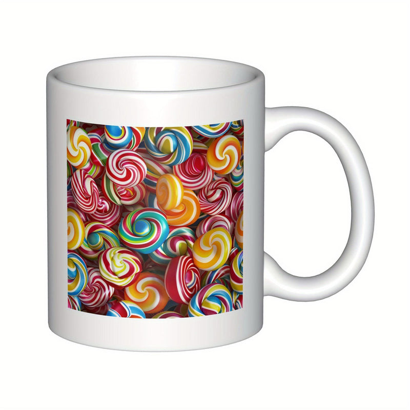 Tailorly White Ceramic 11 oz Mug - Vibrant Colorful Swirling Candy Patterns Piled Together In A Dense Lollipop