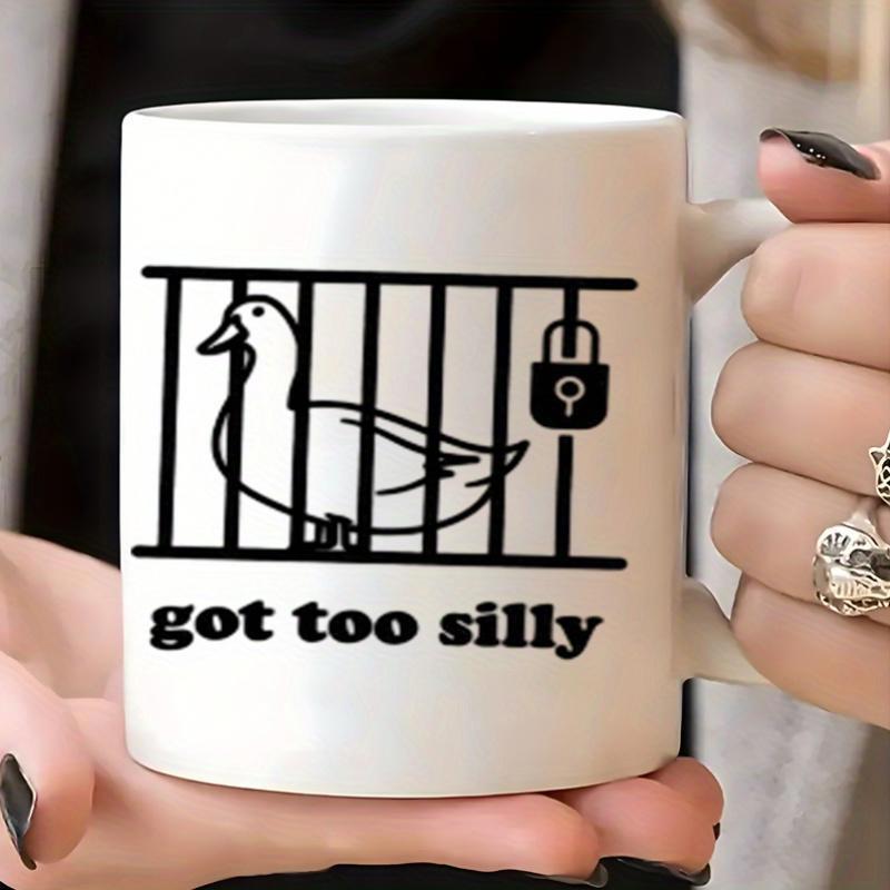 Tailorly White Ceramic 11 oz Mug - Got Too Silly Minimalist Black Line Art Silhouette Trapped Behind Metal Prison Cage Bars Duck