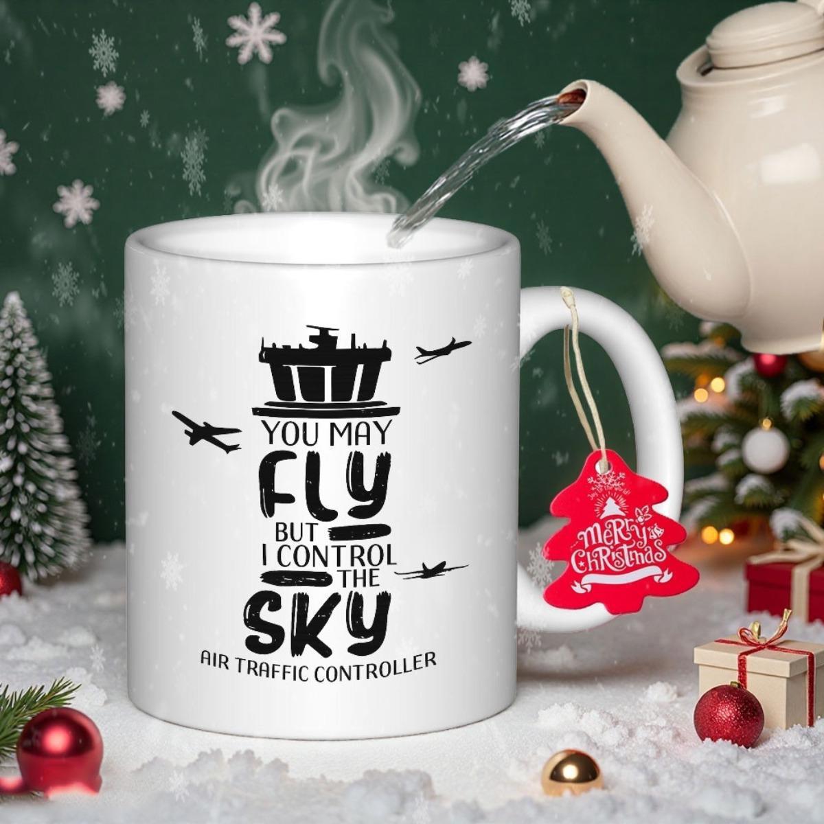 Tailorly White Ceramic 11 oz Mug - You May Fly But I Control The Sky Air Traffic Controller Silhouettes Of Airplanes Circling A Tower In Clear Sky Atmosphere