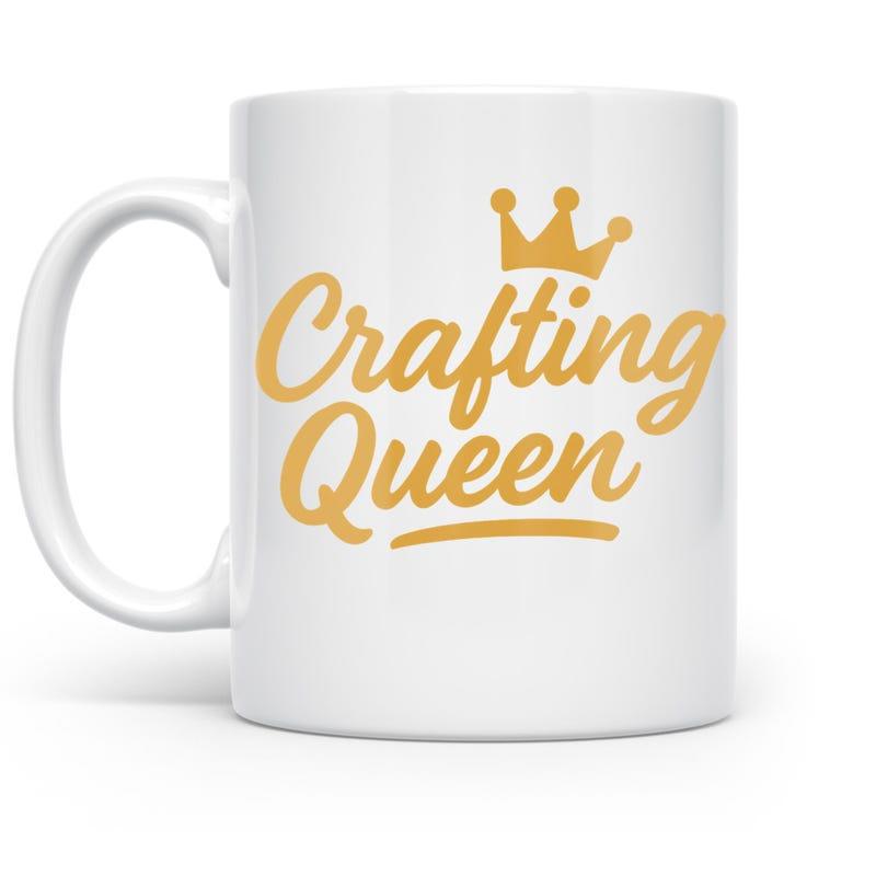 Tailorly White Ceramic 11 oz Mug - Crafting Queen Elegant Cursive Gold Lettering Decorated With A Small Five Pointed Crown