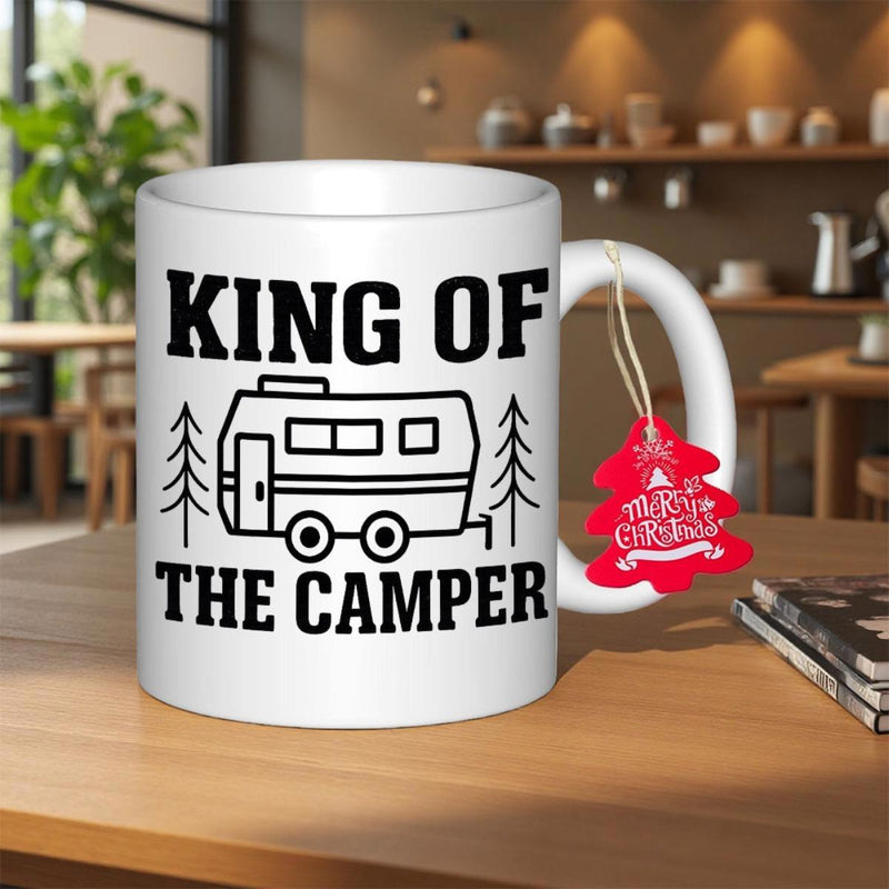 Tailorly White Ceramic 11 oz Mug - King Of The Camper Minimalist Line Art Drawing Of Retro Recreational Vehicle Between Pine Trees Camper