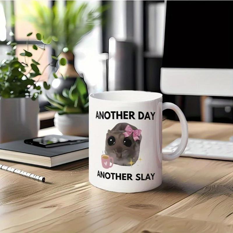 Tailorly White Ceramic 11 oz Mug - Another Day Another Slay Cute Tiny Seal Wearing Pink Bow Holding A Cozy Warm Cup Mug
