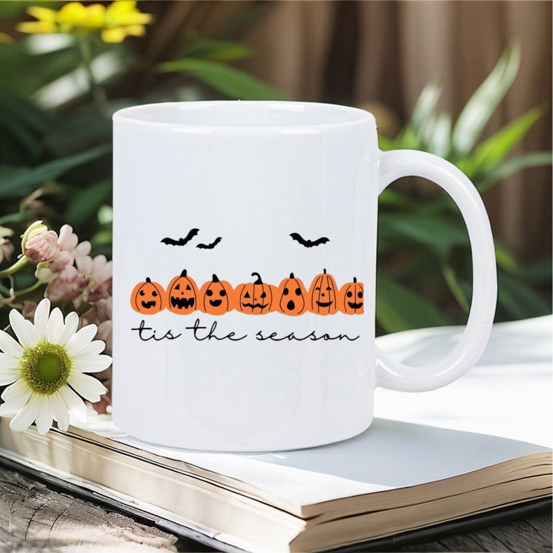 Tailorly White Ceramic 11 oz Mug - Tis The Season Spooky Halloween Line Of Carved Jack O Lanterns Under Flying Bats Pumpkin