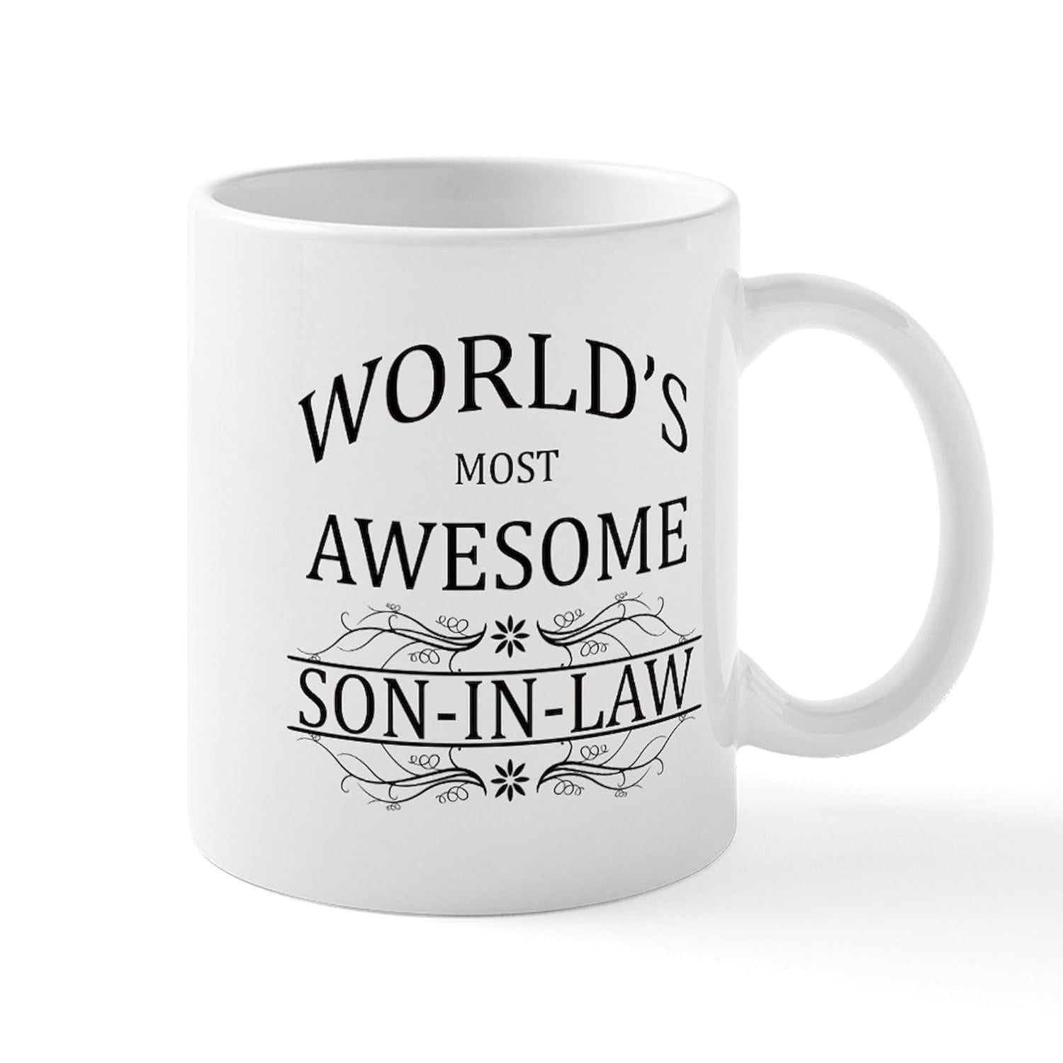 Tailorly White Ceramic 11 oz Mug - World's Most Awesome Son-In-Law Minimalist With Symmetrical Scrollwork Typography Mug