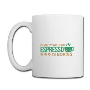 Tailorly White Ceramic 11 oz Mug - Beauty Without Espresso Is Boring Minimalist Steaming Green Cup With A Smiling Face Among Three Brown Beans Mug