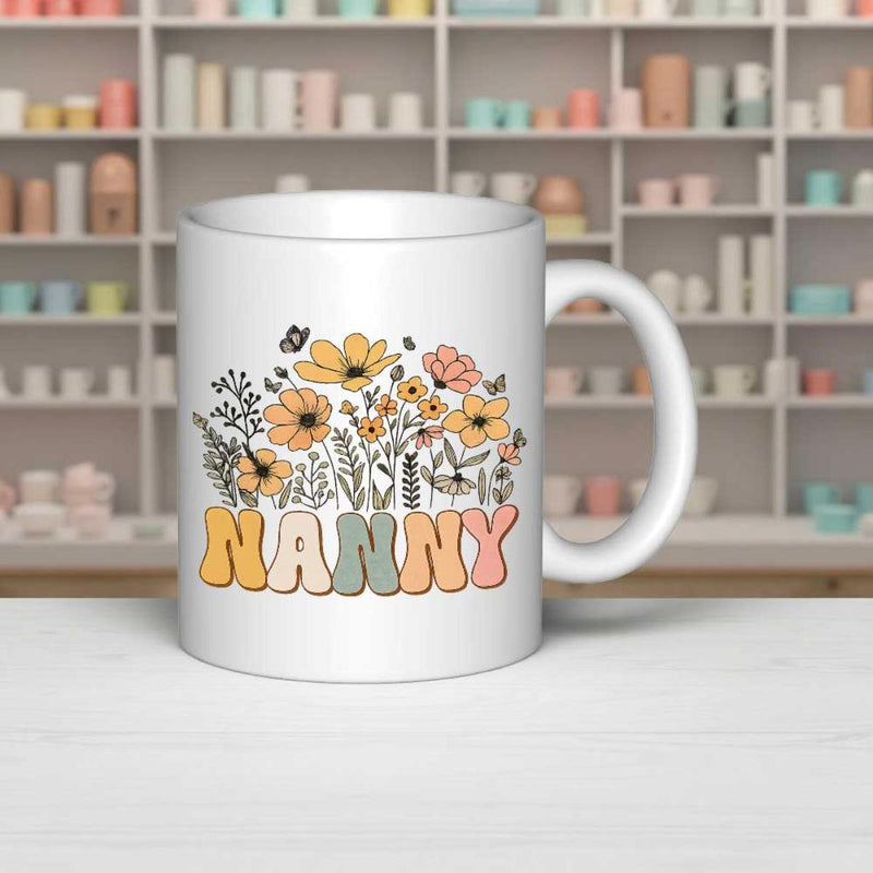 Tailorly White Ceramic 11 oz Mug - Nanny Vibrant Retro Wildflowers And Delicate Butterflies Blooming Among Elegant Leaves Flower