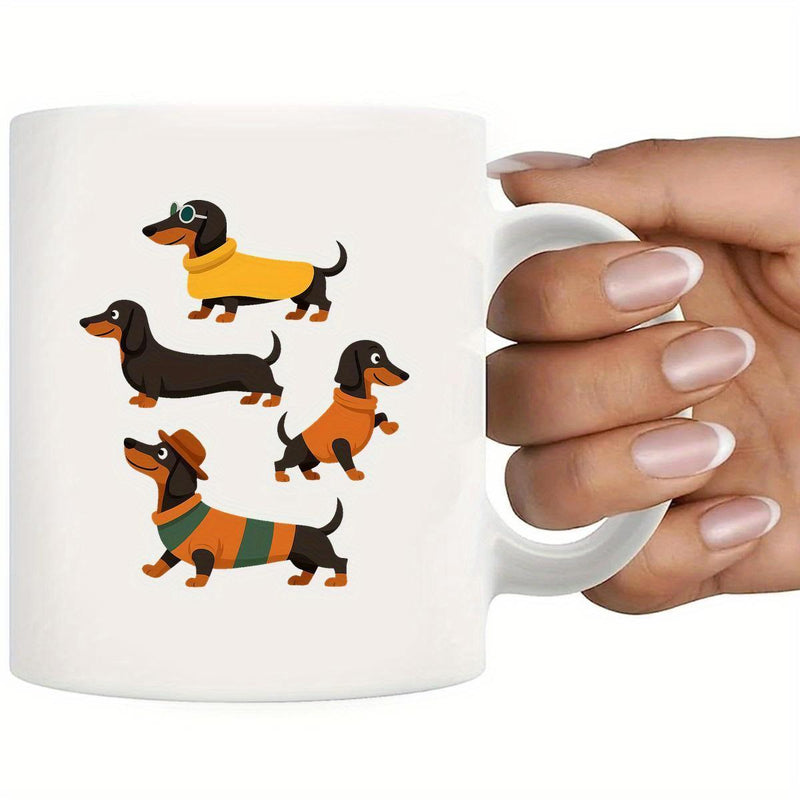 Tailorly White Ceramic 11 oz Mug - Playful Cartoon Sausage Dogs Dressed In Various Warm Cozy Sweaters Dachshund