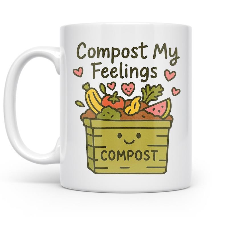 Tailorly White Ceramic 11 oz Mug - Compost My Feelings Compost Smiling Wooden Crate Filled With Fresh Garden Produce Fruit Bin