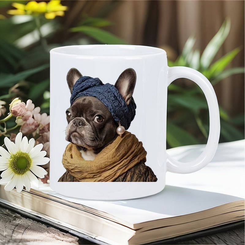 Tailorly White Ceramic 11 oz Mug - Stylish French Bulldog Wearing Blue Headwrap And Mustard Scarf Dog