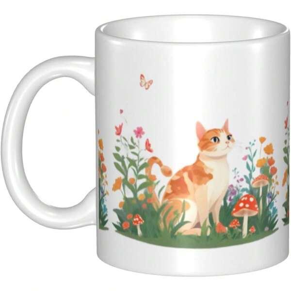 Tailorly White Ceramic 11 oz Mug - Orange Tabby Sitting Peacefully In Garden Among Mushrooms And Colorful Spring Flowers Cat