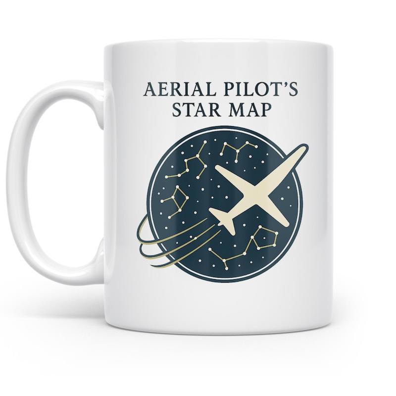 Tailorly White Ceramic 11 oz Mug - Aerial Pilots Star Map Stylized Flying Through Constellations Within Circular Midnight Sky Airplane
