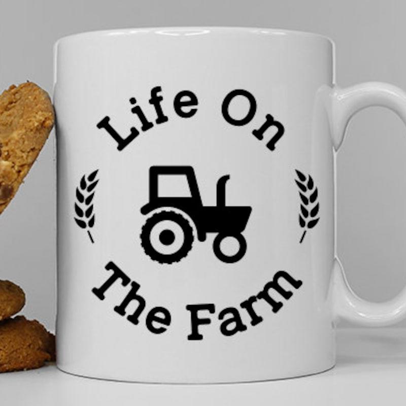 Tailorly White Ceramic 11 oz Mug - Life On The Farm Black Silhouetted Agricultural Vehicle Surrounded By Two Delicate Vertical Grain Wheat Stalks Tractor
