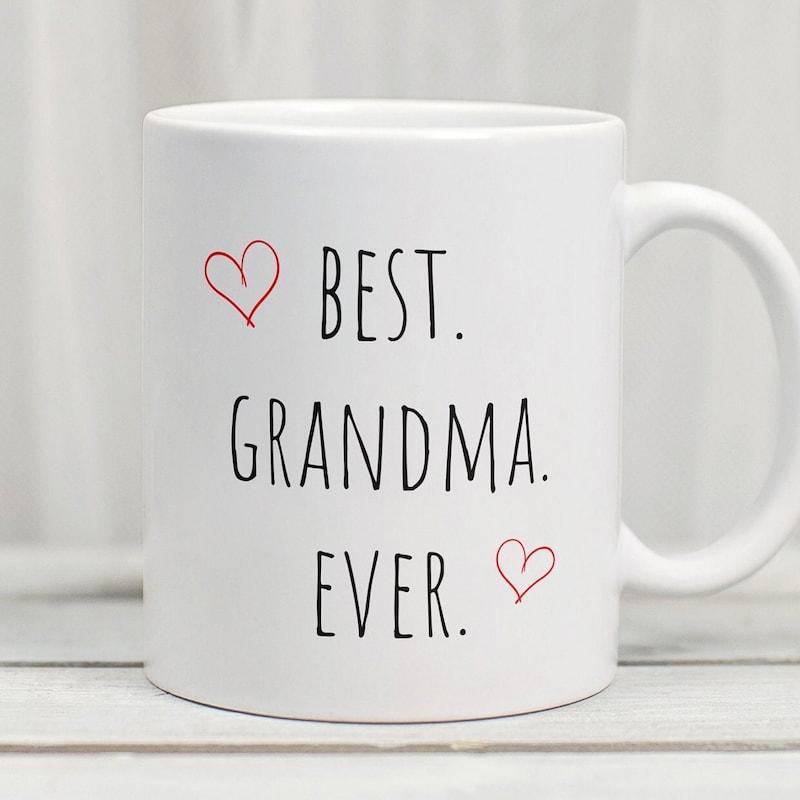 Tailorly White Ceramic 11 oz Mug - Best Grandma Ever Two Small Hand Drawn Red Hearts Placed On Pure
