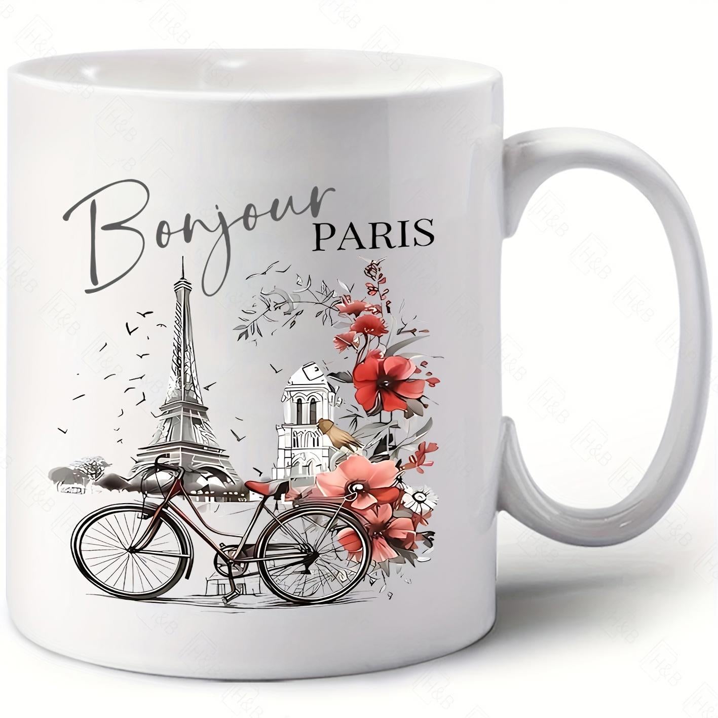 Tailorly White Ceramic 11 oz Mug - Bonjour Paris Eiffel Tower Rising Behind A Vintage Scene With Flowers Bicycle