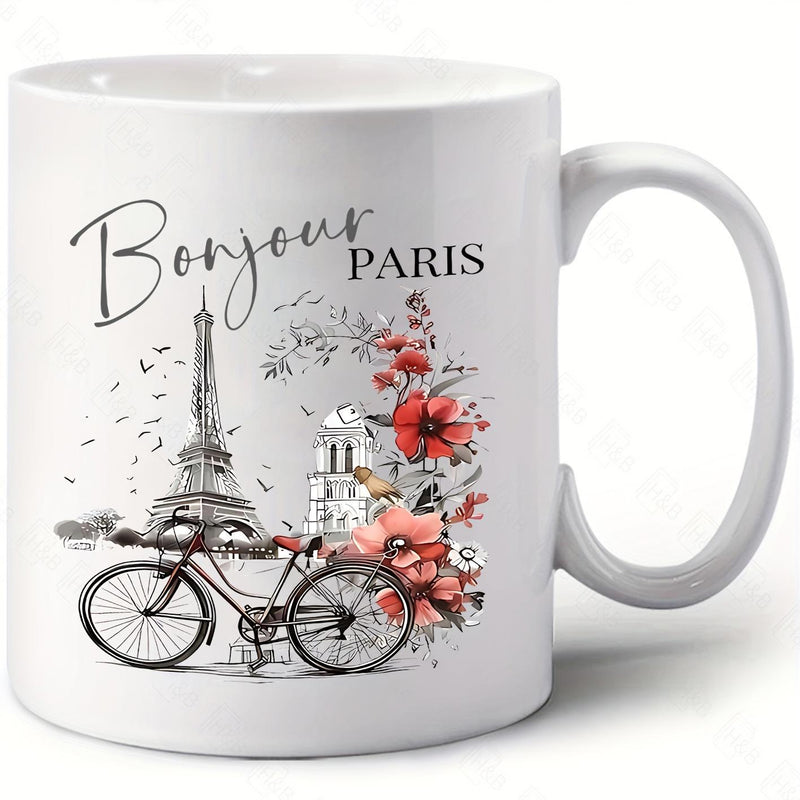 Tailorly White Ceramic 11 oz Mug - Bonjour Paris Eiffel Tower Rising Behind A Vintage Scene With Flowers Bicycle
