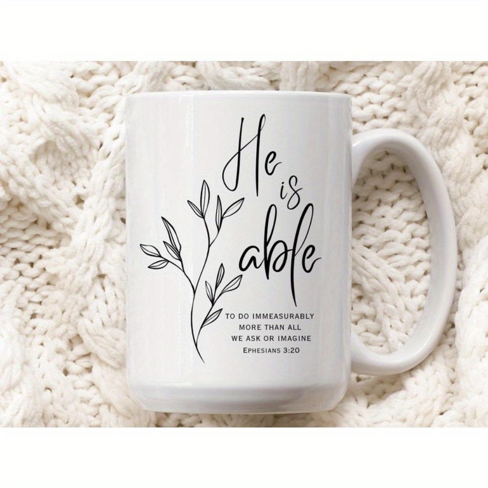 Tailorly White Ceramic 11 oz Mug - He Is Able Minimalist Botanical Stem With Small Leaves Growing Elegantly Upwards Branch