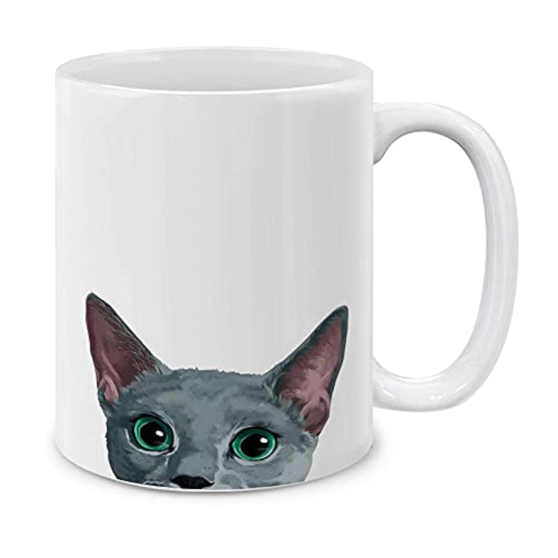 Tailorly White Ceramic 11 oz Mug - Peeking From Bottom With Large Bright Eyes And Pointed Ears Cat