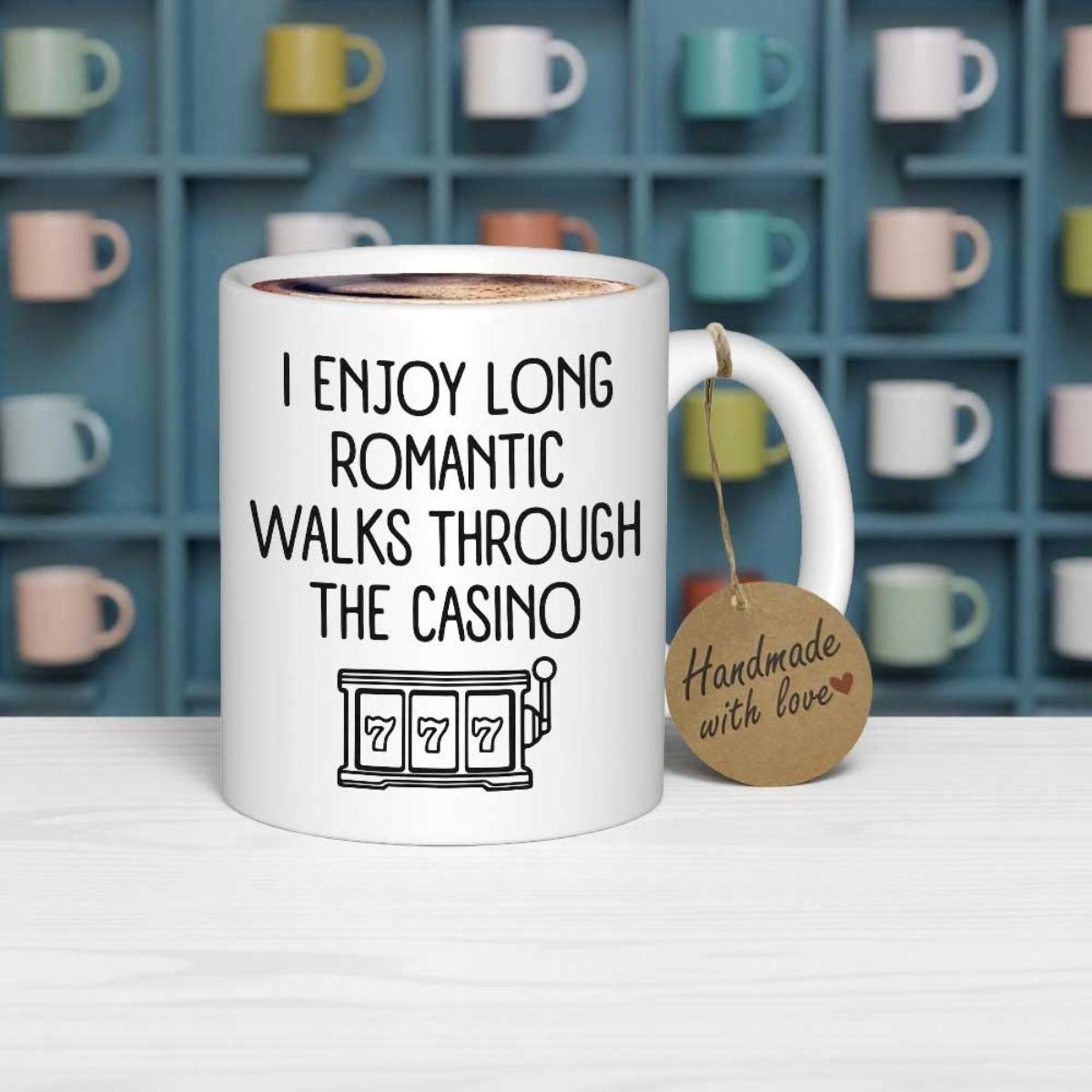 Tailorly White Ceramic 11 oz Mug - I Enjoy Long Romantic Walks Through The Casino Minimalist Line Drawing Of A Vintage Casino Slot Machine Displaying Sevens Mug
