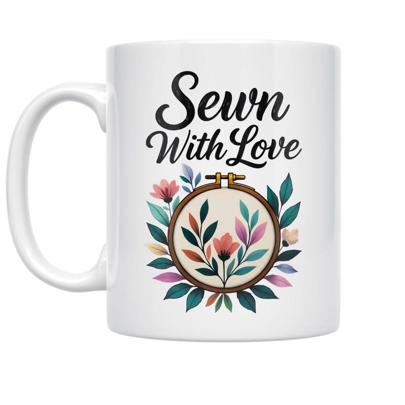 Tailorly White Ceramic 11 oz Mug - Sewn With Love Artistic Floral Pattern Inside A Wooden Frame Surrounded By Colorful Leaves Embroidery Hoop
