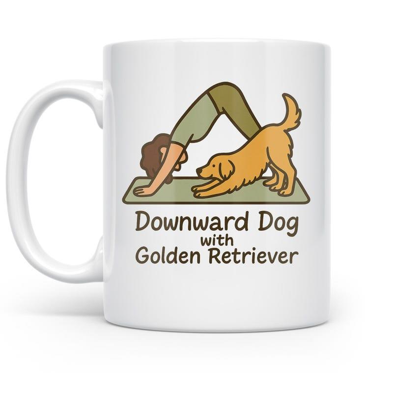 Tailorly White Ceramic 11 oz Mug - Downward Dog With Golden Retriever Playful Woman Stretching On Mat Under Soft Light Loyal Golden Retriever
