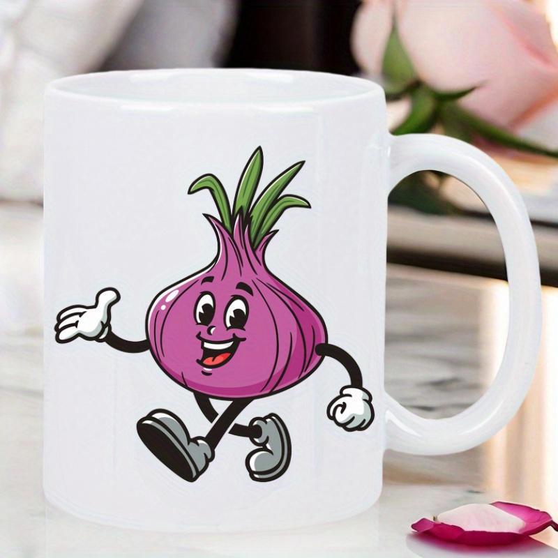 Tailorly White Ceramic 11 oz Mug - Cheerful Purple Red Walking Character Featuring Retro Cartoon Animation Style Onion
