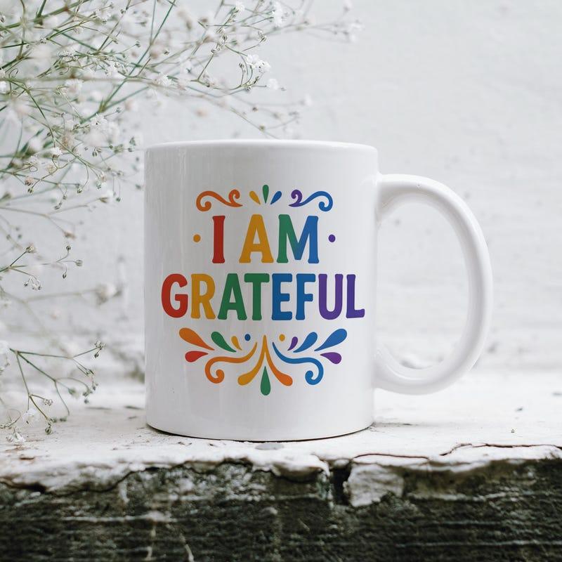 Tailorly White Ceramic 11 oz Mug - I Am Grateful Colorful Floral Swirls On Pure White Ceramic Background Inspirational Mug