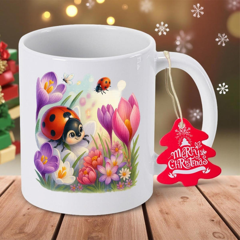 Tailorly White Ceramic 11 oz Mug - Merry Christmas Vibrant Colorful Flowers Blooming In Spring Garden Beneath Little Ladybug